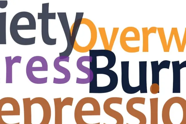 Words depicting stress-related emotions: Anxiety, Overwhelm, Stress, Burnout, Depression.