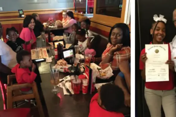 Collage of four photos showing family members in red coordinated clothing celebrating together: outdoors, at a restaurant, and indoors.