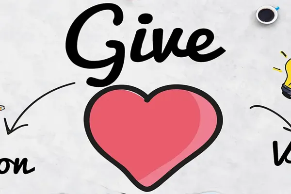 Illustration of a pink heart with the words 'Give,' 'Donation,' and 'Volunteer,' surrounded by symbols like coins, a light bulb, and a pink ribbon.