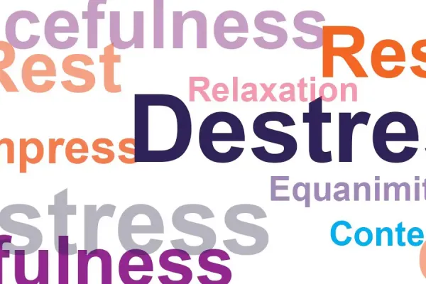 Promotional banner with a colorful word cloud featuring wellness and mental health related terms including peacefulness, relaxation, and destress on a light background.