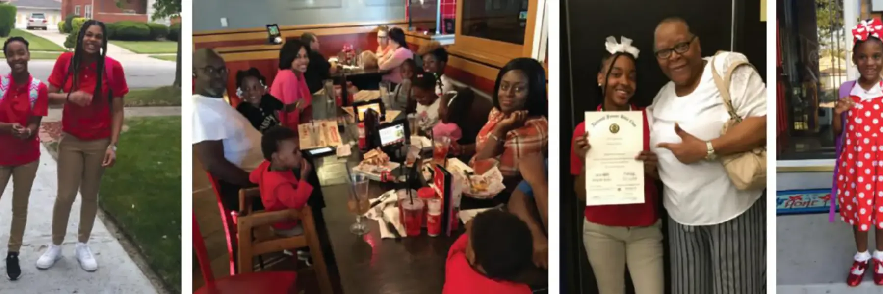Collage of four photos showing family members in red coordinated clothing celebrating together: outdoors, at a restaurant, and indoors.