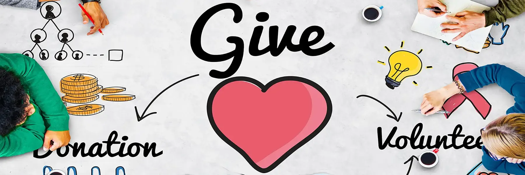 Illustration of a pink heart with the words 'Give,' 'Donation,' and 'Volunteer,' surrounded by symbols like coins, a light bulb, and a pink ribbon.
