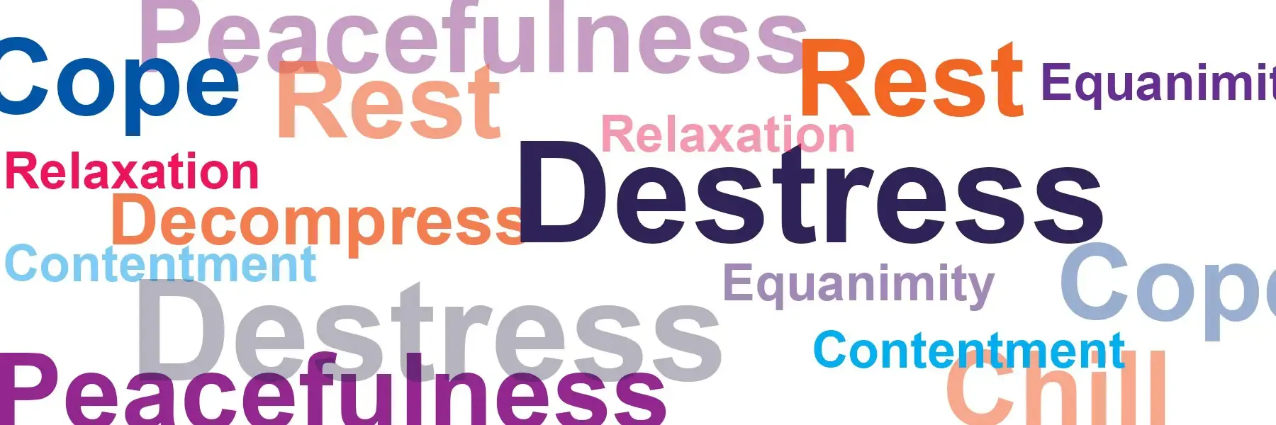 Promotional banner with a colorful word cloud featuring wellness and mental health related terms including peacefulness, relaxation, and destress on a light background.