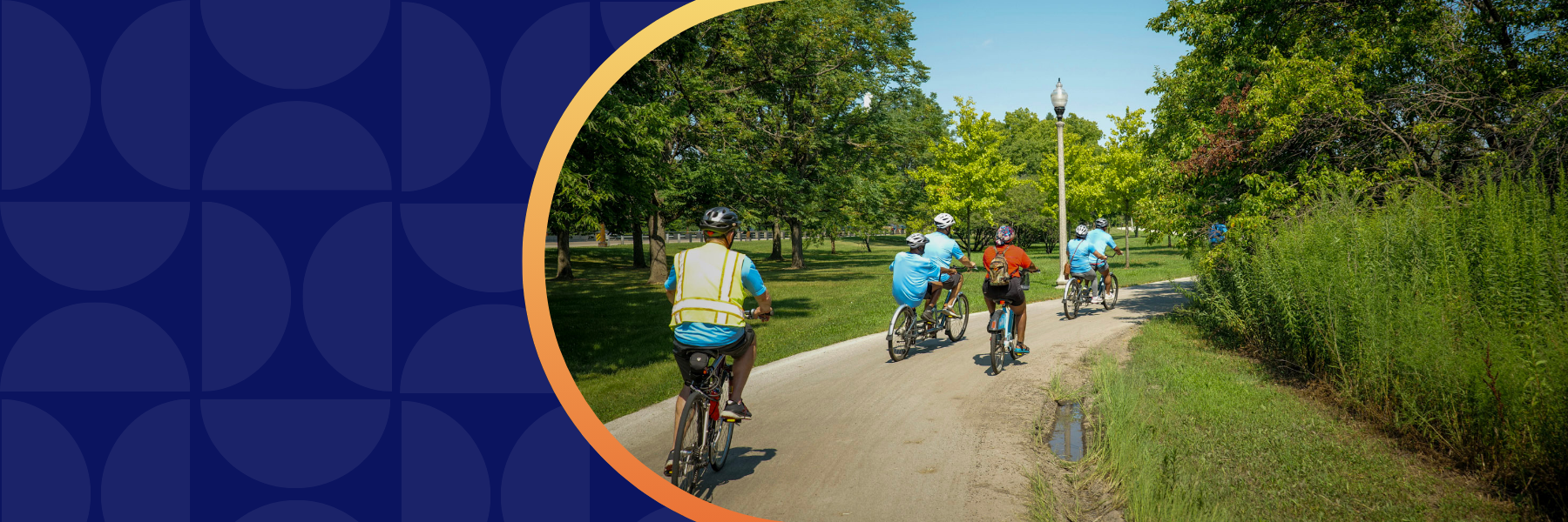 A website graphic with a dark blue half-circle pattern on the left and a photo of a helmeted group cycling through a green landscape on the right, framed in a yellow and orange outline.