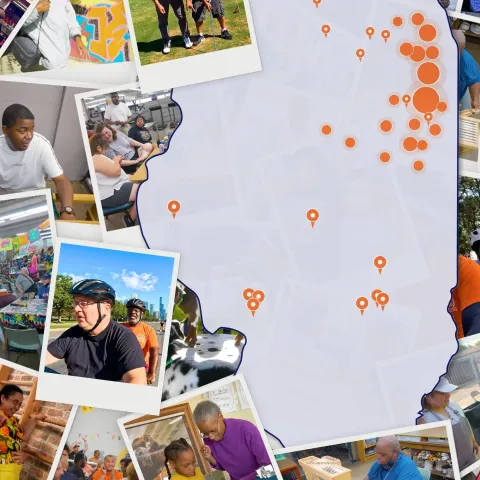 Illinois map with orange location markers showing Envision Unlimited's service areas, surrounded by a collage of polaroid-style photographs featuring diverse community members, families, and staff engaged in activities and programs across the state.