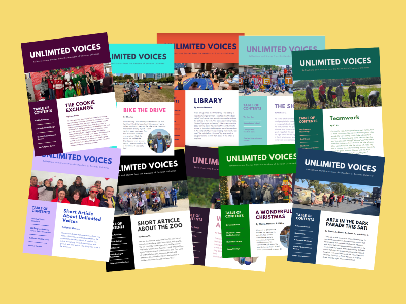 A collage of colorful 'Unlimited Voices' newsletter covers on a yellow background.